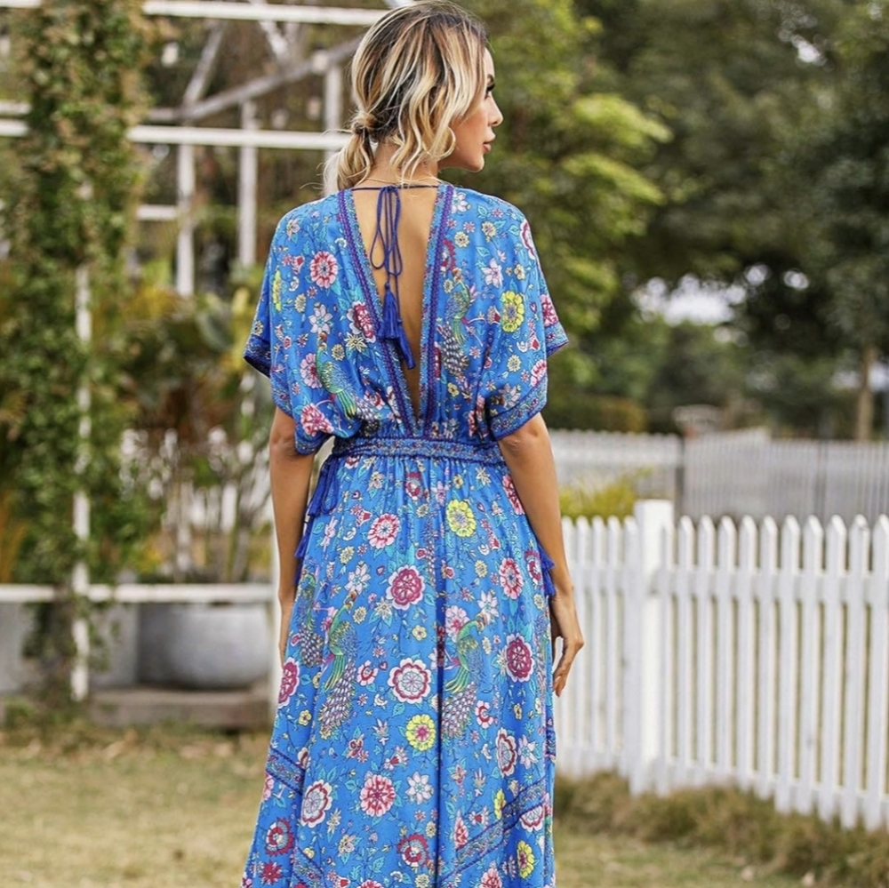 R. Vivimos Blue Floral Kimono Sleeve Bohemian Midi Dress, Small - Picture 2 of 11
